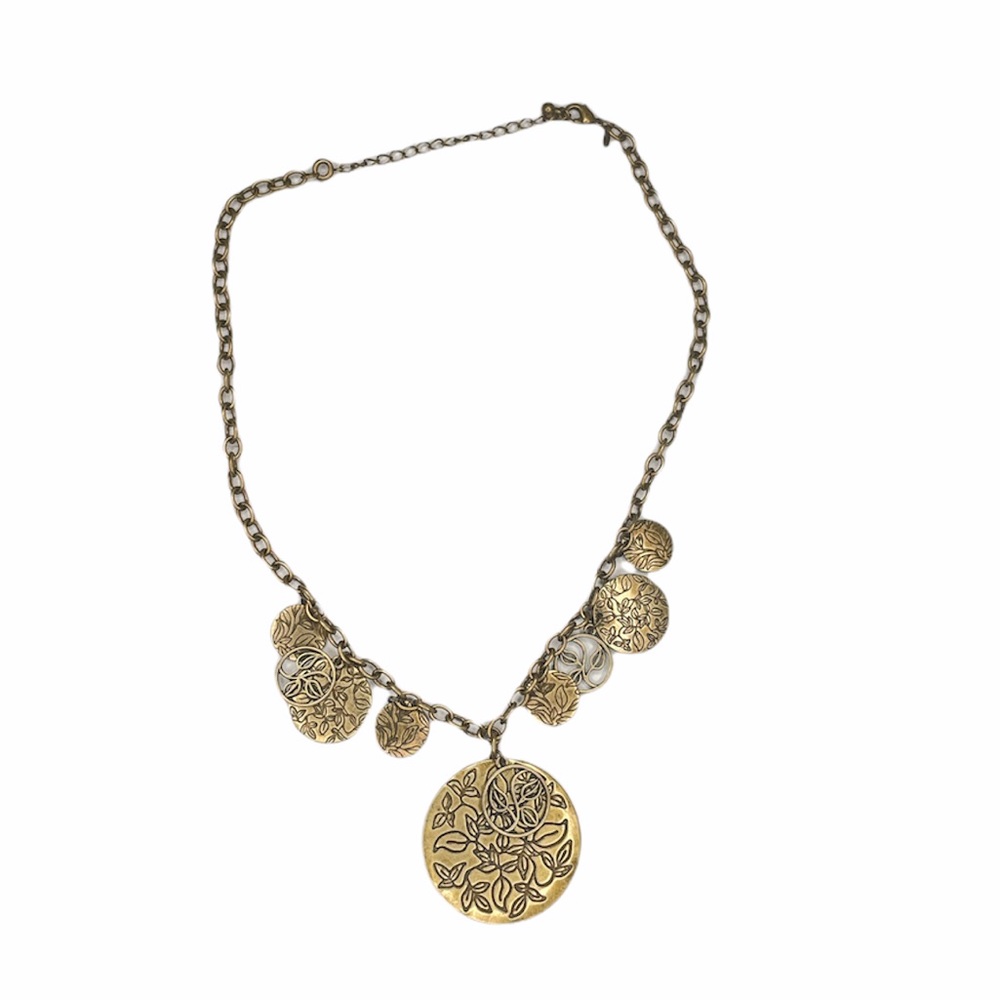 Leaf Medallion Necklace, Brassy Gold Tone